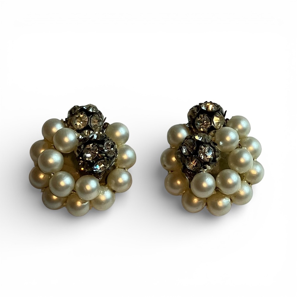 Vintage Faux Pearl and Rhinestone Cluster Clip On Earrings Silver Tone Cream